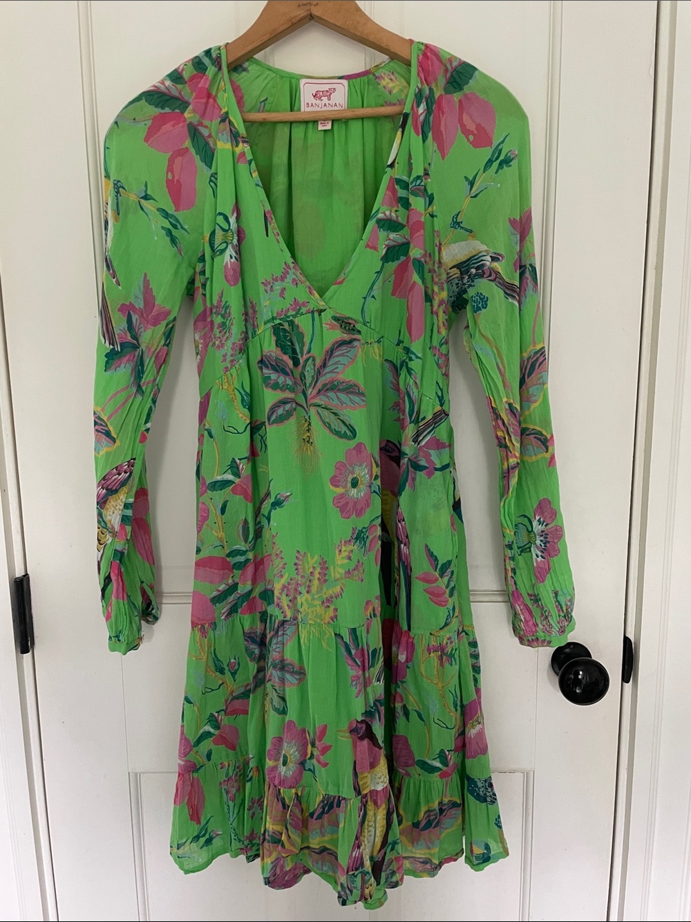 Banjanan Lime Green Floral V-Neck Long Sleeve Dress